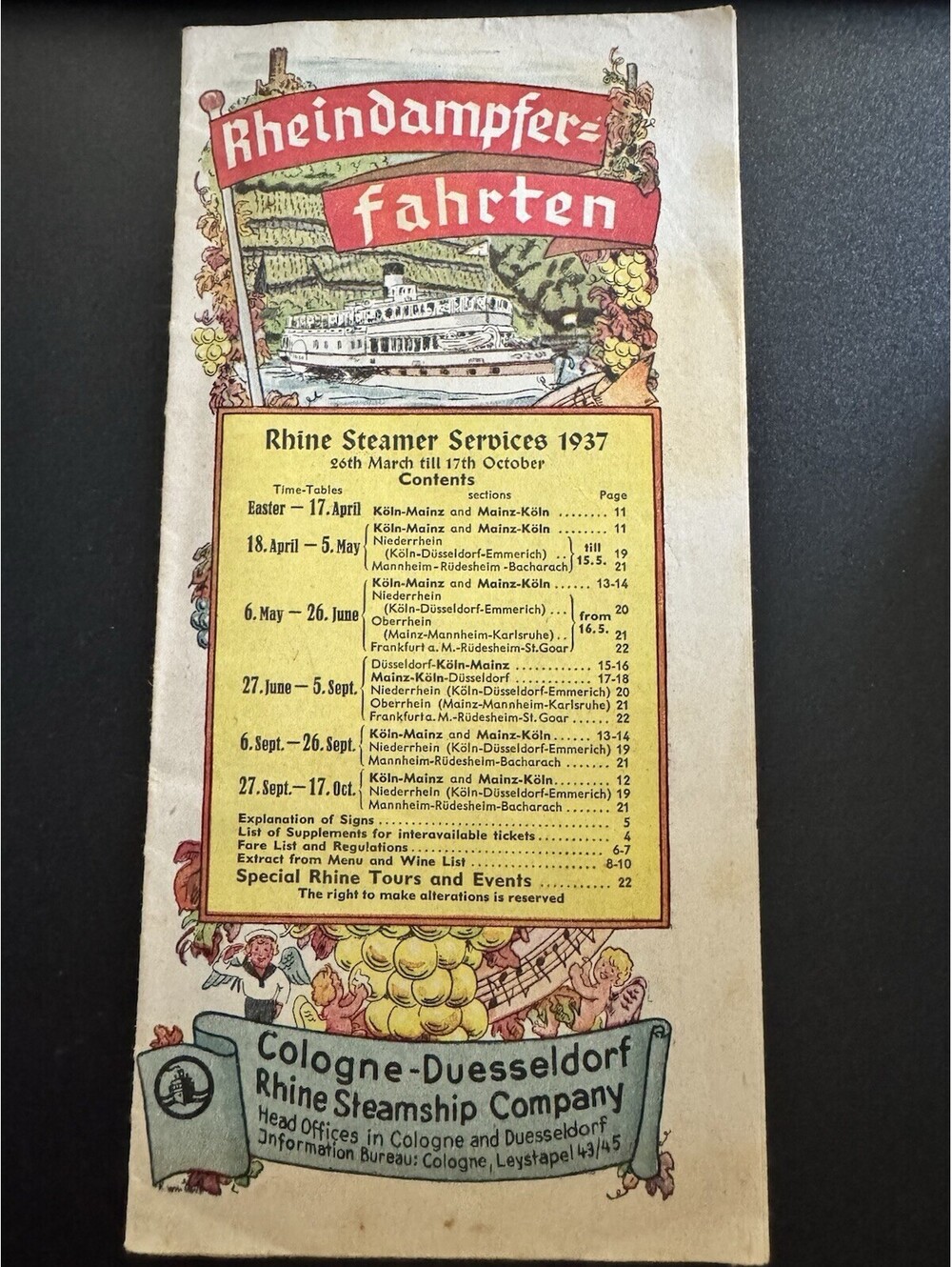 1937 Rhine Steamer Services timetable from Cologne-Duesseldorf - Germany